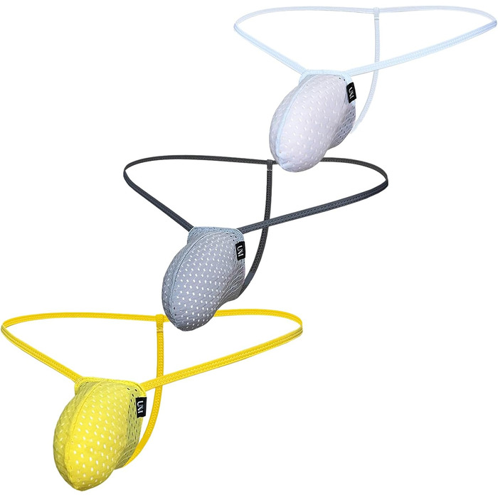 Сексуальна чоловіча стрінг-труси Faringoto, низька посадка, прозорі, танга, бікіні, підтягуючі, T-подібний виріз (S, сірий+білий+жовтий)