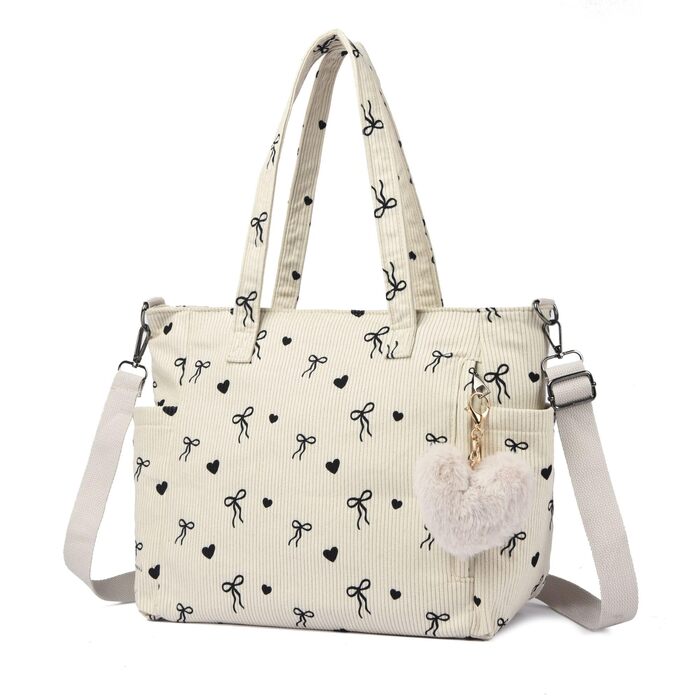 Жіноча сумка-шопер Makukke Cord Tote Bag: велика тканинна сумка через плече з вельвету для роботи, офісу, подорожей та навчання (середній розмір, з бантом)