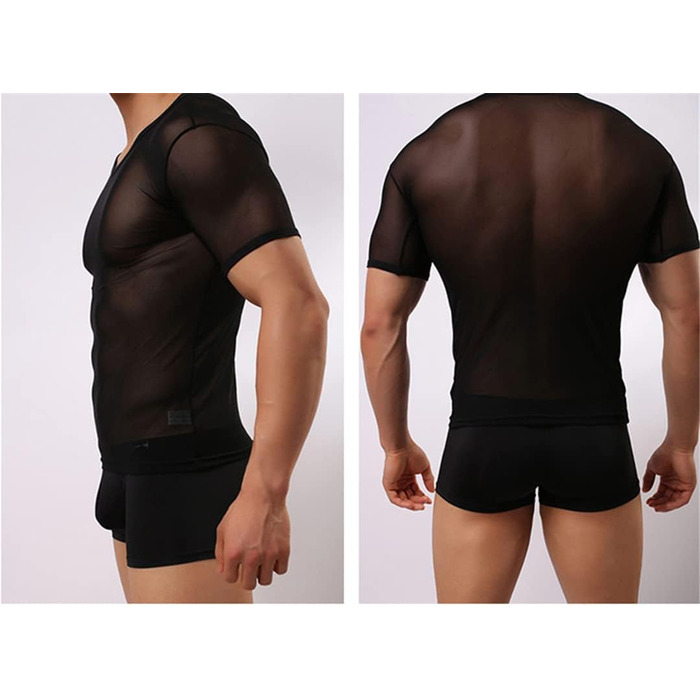 Чоловіча прозора футболка з мережива, сексуальна нижня білизна, чорна. Ідеальна для дому та вечірок.