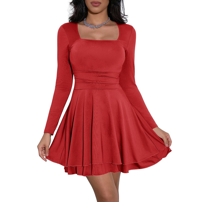 Cicy Bell: Червоне міні-плаття з квадратним вирізом та рюшами, облягаюче, для вечірок (L)