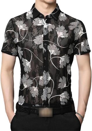 Чоловіча сорочка з квітковим мереживом, прозора по краю, літня, з короткими рукавами, облягаючого крою, для клубу та вечірок, прозора, чорна