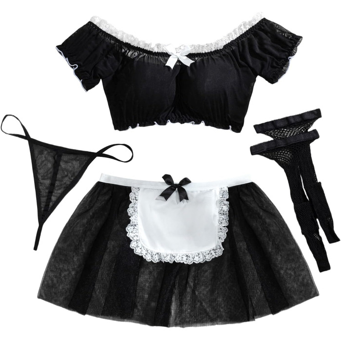 Сексуальна білизна Aranmei для жінок: мереживний комплект, прозорий, для косплею, 4 предмети (з панчохами), чорний, XXL