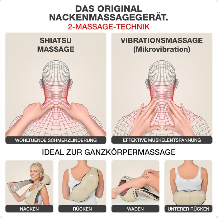 Масажер для шиї та плечей DONNERBERG з функцією прогріву та Shiatsu-масажем, бежевий (сертифіковано TÜV)