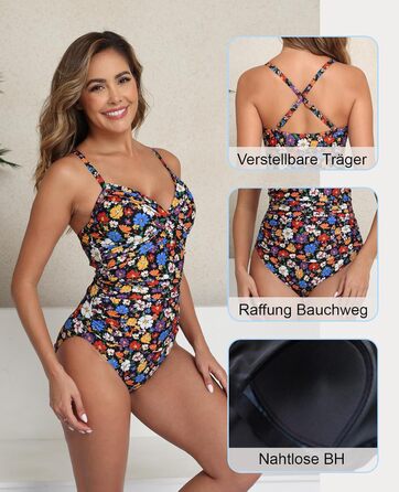 Чоловічий купальник Halcurt з животом, з чашечками та драпіруванням, цілісний, монокіні, чорний з кольоровими квітами, XL
