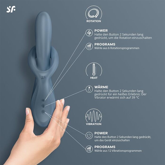 Satisfyer Heat Flex 4: вібратор-зайчик з підігрівом, 23 см, сірий | Зігріваючий, обертаючий, водонепроникний | USB, силікон