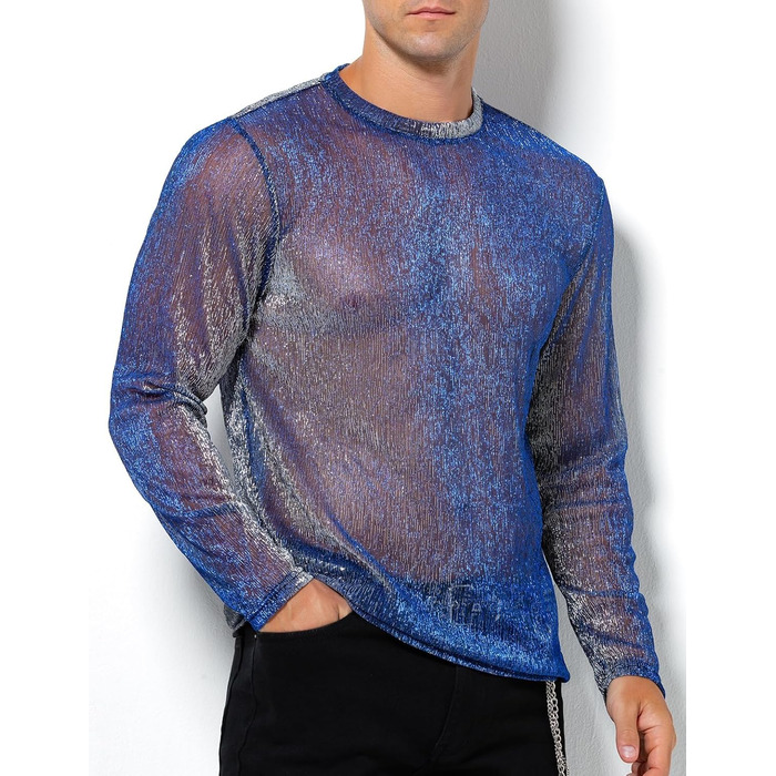 Прозора футболка-сітка Casey Herren з довгим рукавом, мереживна сорочка, мерехтливі сорочки, клубний стиль, A2-блакитний