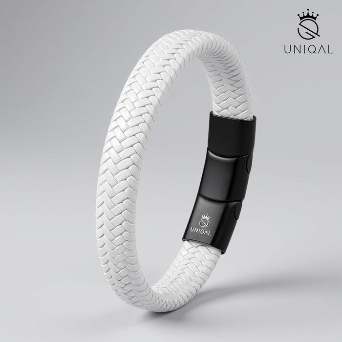 Шкіряний чоловічий браслет UNIQAL 'BRAID' з плетіння та нержавіючої сталі, білий, 21 см (у подарунковій коробці)