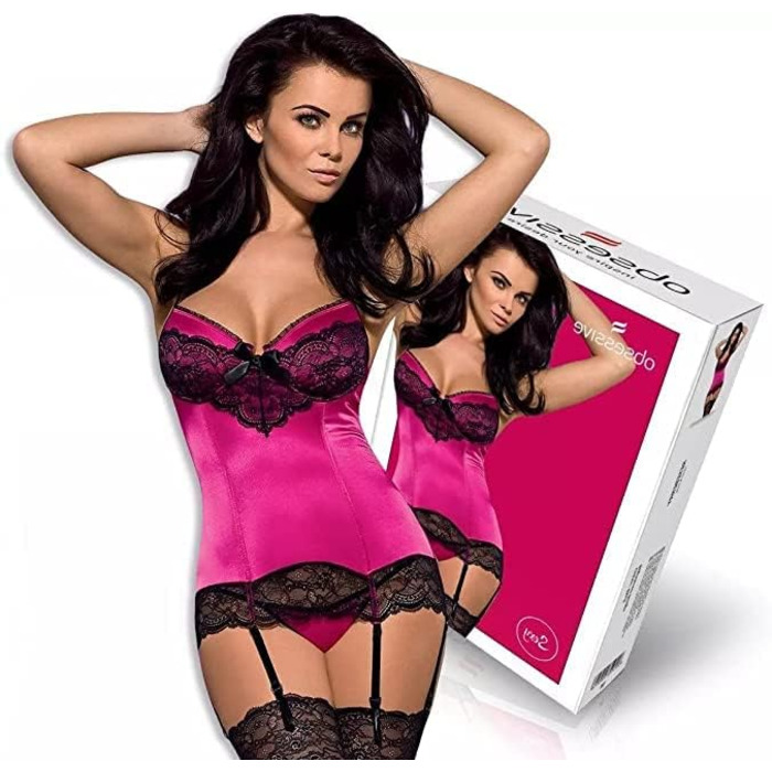 Obsessive Комплект спідньої білизни: стрінги та бюстгальтер без бретелек з глибоким вирізом, червоний, з мережива, прозорий, з бантиками, S-M, фуксія