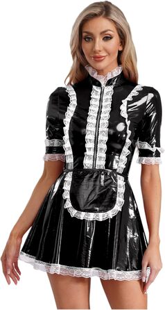 Костюм горничної MSemis: сексуальний сет з еластичного латексу, чорний, 3XL. Костюм для косплею, вечірки, фотосесій.