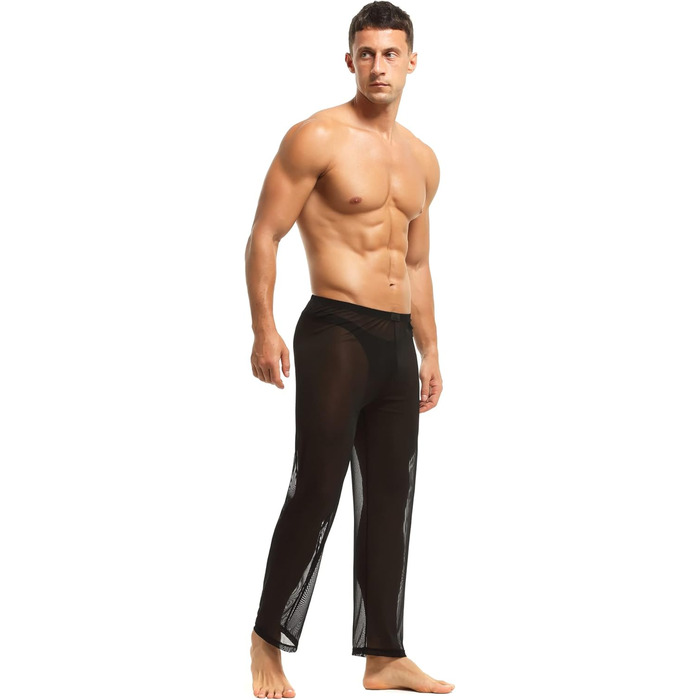 Чоловічі прозорі штани з сітки, нічна сорочка, спідня білизна, штани з нейлону, чоловічі мереживні штани, довгі прозорі штани, чоловічі штани з сітки, штани з тонкої сітки з тюлю, чорний