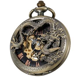 Механічний кишеньковий годинник Tiong Vintage Steampunk зі скелетоном, римськими цифрами та ланцюжком (бронза, чорний) — подарунковий набір з коробкою