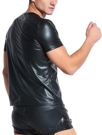 Чоловіча сорочка з еластичної шкіри з сітчастою вставкою. Стильна футболка-майка з ефектом лакованої шкіри, чорного кольору. Slim Fit, короткий рукав, для клубів, літня модель, обтягуюча. XL