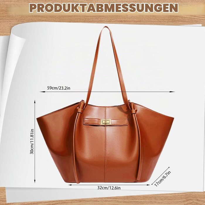 Жіноча сумка-шопер Tote Bag великого розміру, шкіряна сумка на плече з від’ємним ременем, вінтажна сумка для роботи, покупок та подорожей (Коричнева)
