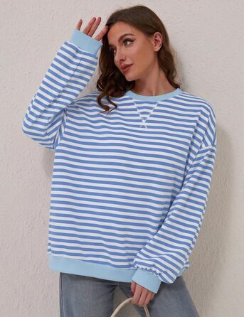 Жіночий світшот Chicrise Daen Oversize у смужку, в'язаний лонгслів з круглим вирізом, синьо-білий (Розмір L)