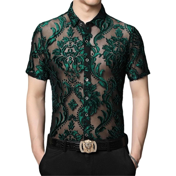 Чоловіча сорочка AWMew, мереживо, сітка, коротка, клубний стиль, з відкритим декором (зелена, XXL)