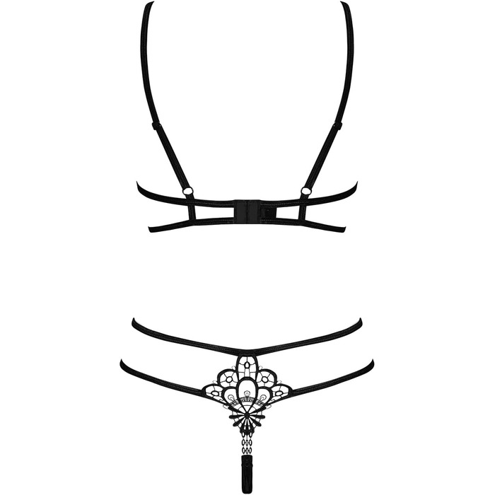 Сексуальний жіночий комплект білизни Selente Love & Fun: бюстгальтер, танга, пояс для живота (опціонально), шовкова маска для очей. Виготовлено в ЄС (S-M, чорний з бретельками, мереживний).