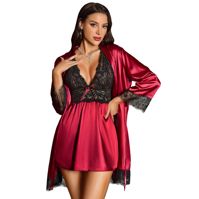 Сексуальна нічна сорочка Babydoll RSLOVE з мереживом та атласу, бордовий, розмір XXL
