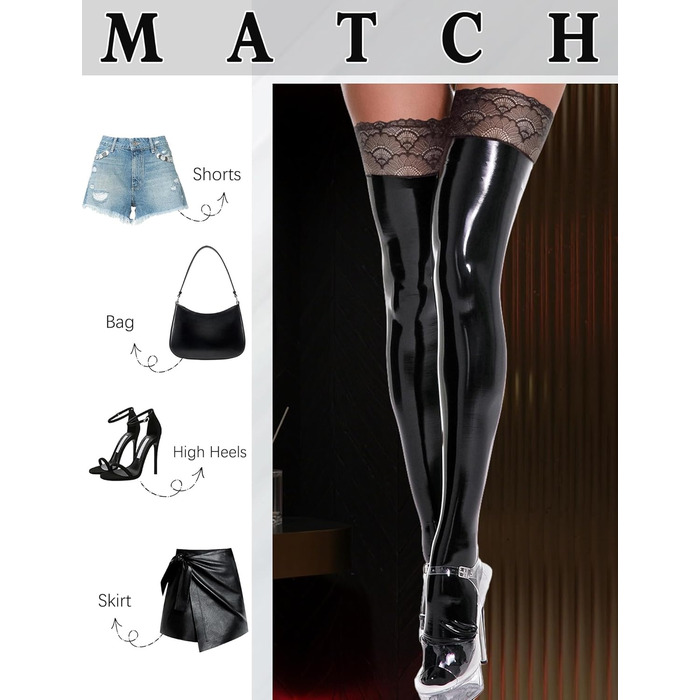 Чулки панчіхні жіночі високі над коліно з мереживом, лак шкіра, чорні. Сексуальний блискучий дизайн, антиковзаючі, для косплею, спідня білизна.