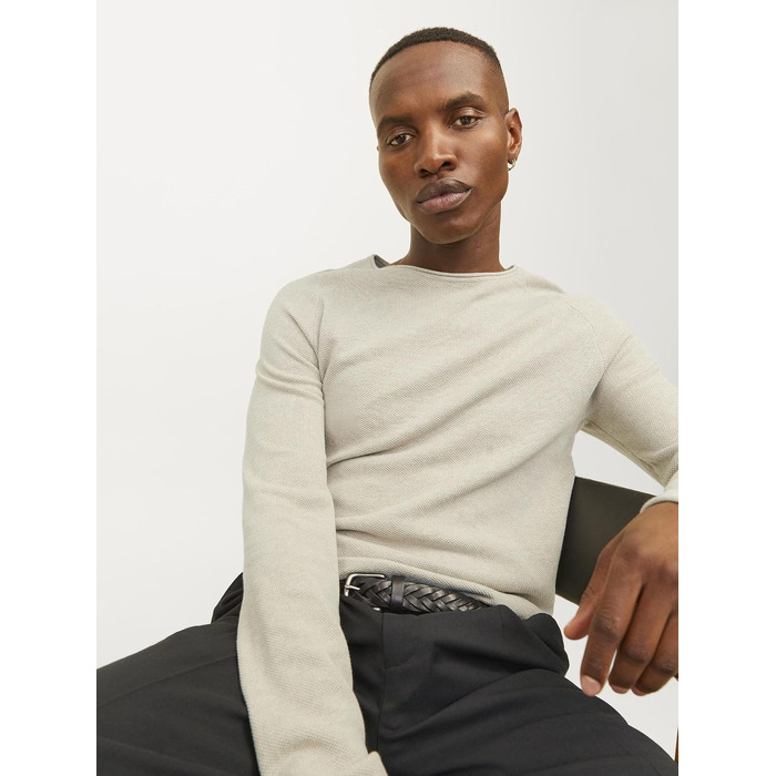Чоловічий базовий в'язаний светр Jack & Jones з круглим вирізом, бавовняний, довгий рукав, колір Oatmeal (вівсяний)