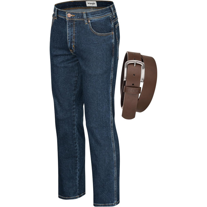 Чоловічі стрейч-джинси Wrangler Texas Regular Fit Authentic Straight, колір Darkstone, з коричневим ременем (46W / 30L)