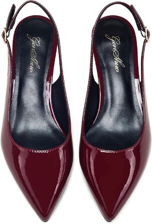 Жіночі елегантні туфлі-човники GENSHUO на низьких підборах (Kitten Heels) з відкритим задником, лакована шкіра, колір винно-червоний, розмір 42 EU