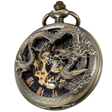 Механічний кишеньковий годинник Tiong Vintage Steampunk зі скелетоном, римськими цифрами та ланцюжком (бронза, чорний) — подарунковий набір з коробкою