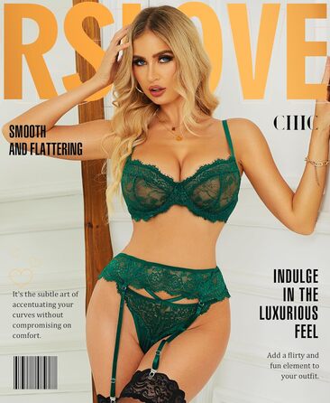 Комплект нижньої білизни RLOVE для жінок: бюстгальтер, трусики, мереживний набір (S, Зелений)