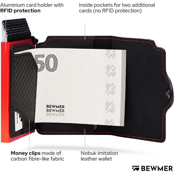 Преміальний картхолдер BEWMER — тонкий гаманець з RFID-захистом для чоловіків та жінок, чорно-червоний