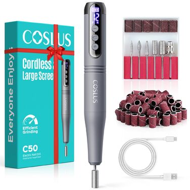 Акумуляторний електричний апарат для манікюру та педикюру COSLUS C50, 12 швидкостей, LED-дисплей, для нарощених нігтів, гель-лаку та акрилу, темно-сірий