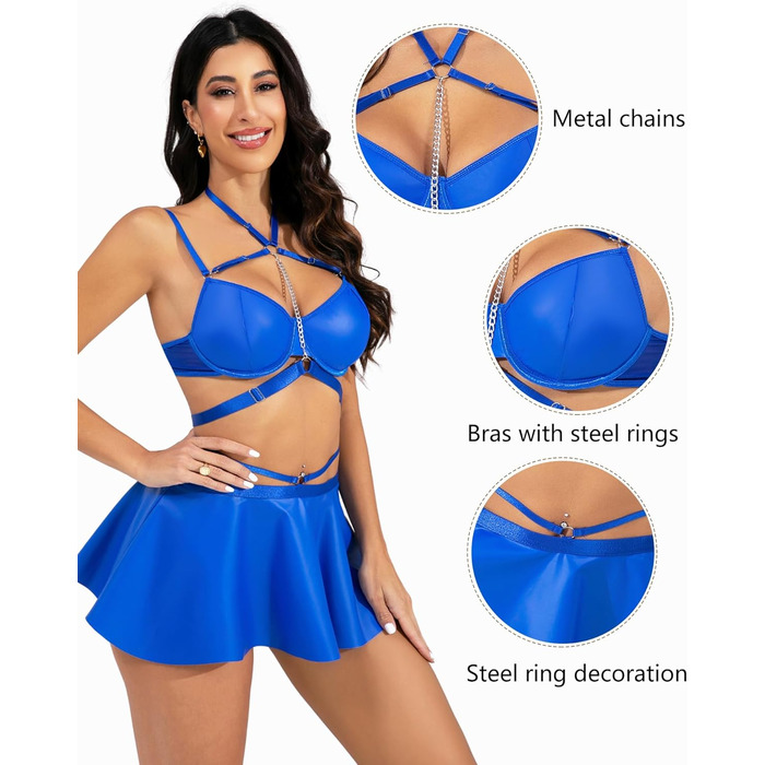 Костюм Evelife Daen з еластичної шкіри: бюстгальтер push-up, сукня-корсет, аксесуари. Елегантний сет для вечірок та клубів. Розмір L, колір кобальтовий блакитний.