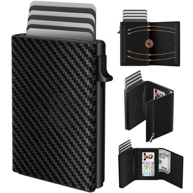 Чоловічий картхолдер dwnkove Slim Wallet з RFID-захистом, відділенням для монет та вікном для ID, смарт-гаманець Pop-Up з карбоновим дизайном, чорний