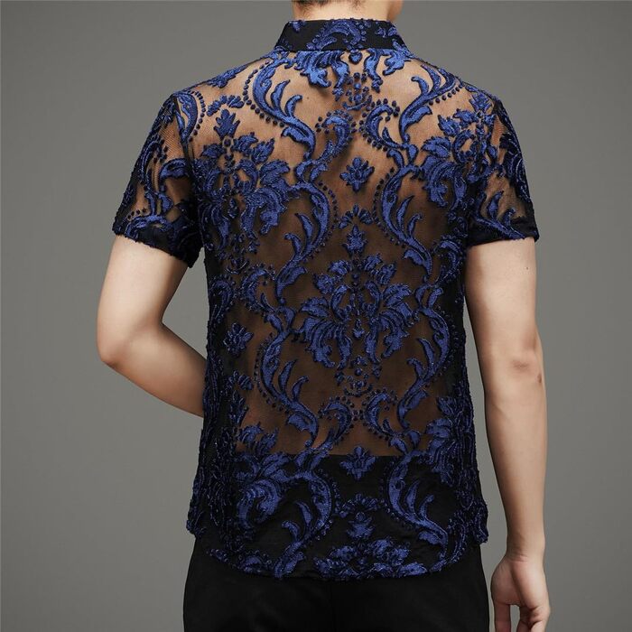 Чоловіча сорочка Yeuyyben чорна прозора з квітковим мереживом, сітка, короткі рукави, розмір XL