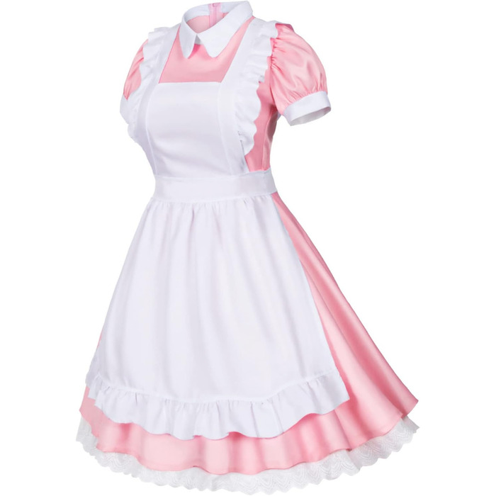 Костюм для косплею в стилі Аніме Лоліта, Французька служниця, Комплект з 6 предметів (Спідниця, рукавички, головний убір, шкарпетки), Синій (S, Рожево-червоний)