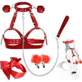 Набір BDSM 6-в-1: наручники, шлея для тіла, чіп, батіг, маска для очей, мотузки для фіксації. Для пар. Червоний колір.