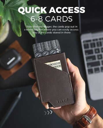 VULKIT Складаний картхолдер з RFID-захистом, тонкий алюмінієвий гаманець для кредитних карток, купюр та монет, темно-коричневий