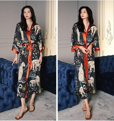 Жіночий халат-кімоно з атласу, максі, довгий, з квітковим принтом, легкий літній халат, жіночий халат для сну, піжама для вечірки, леопардовий принт (універсальний розмір)