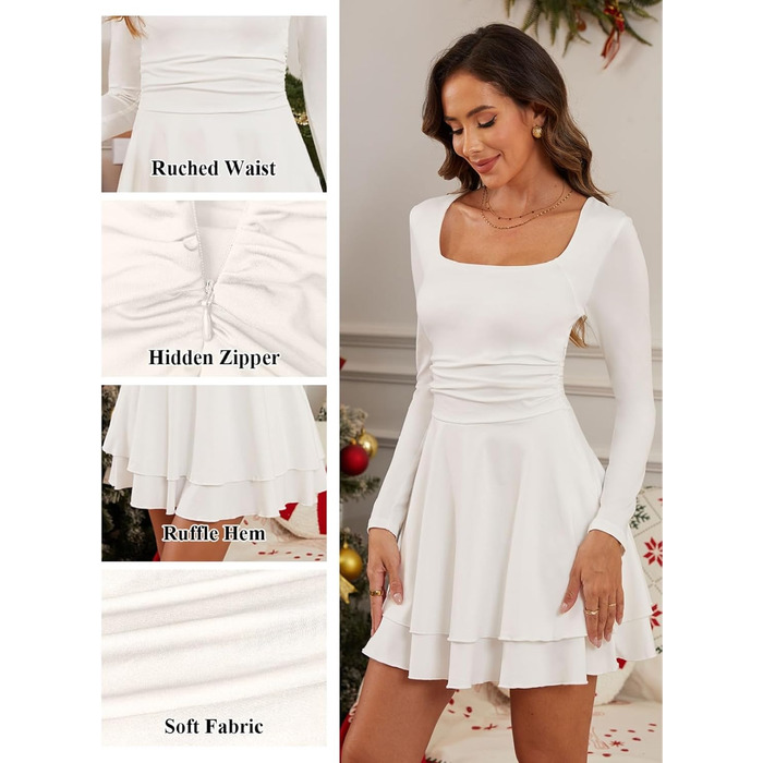 Сукня жіноча квадратним вирізом, елегантна вечірня, коктейльна, bodycon, на короткі/довгі рукави, міні, slim fit, висока талія, з фалдами, біла, розмір M