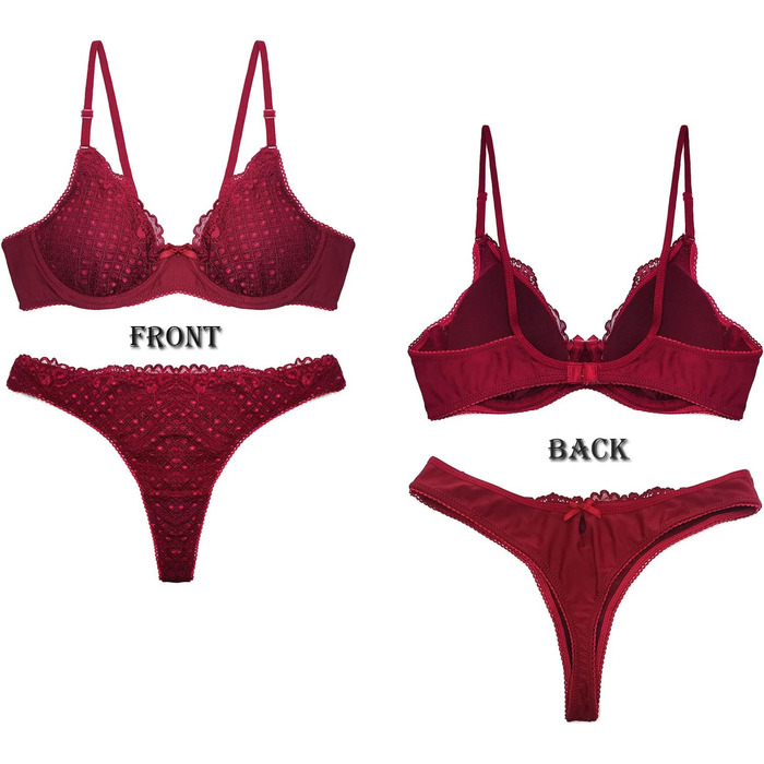 SHEKINI Сексуальний жіночий комплект: бюстгальтер з кісточками, push-up, мереживо, з підтримкою, тангі, глибокий виріз, відкрита спина, бюстєль, спідня білизна для жінок (Вишневий, 6114, S)