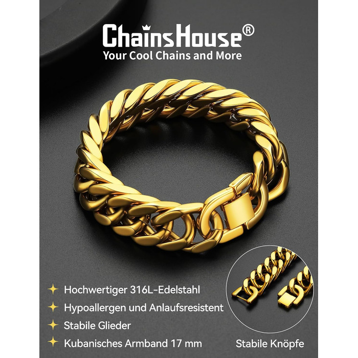 Чоловічий сталевий браслет-ланцюг Panzer від ChainsHouse, золотий, ширина 17мм, довжина 19см — стильний хіп-хоп аксесуар у подарунковій коробці
