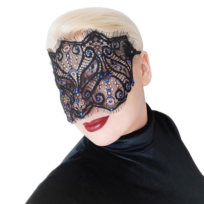 Чорна мереживна маска для жінок з кристалами - елегантна венеціанська маска для карнавалу, вечірки в готичному стилі, косплею та особливих подій - ручна робота (чорний колір з блакитними стразами)