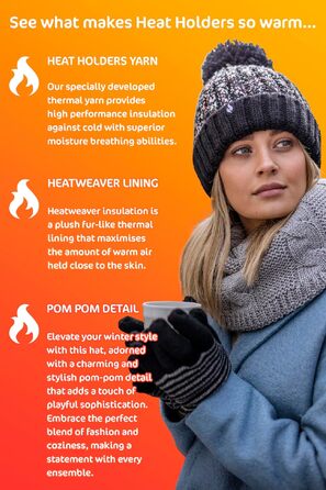 Жіноча елегантна в'язана шапка-біні HEAT HOLDERS з помпоном та флісовою підкладкою, чорна, універсальний розмір
