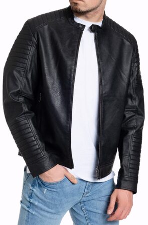 Чоловіча шкіряна куртка-байкер Jack & Jones штучна шкіра, чорна (Розмір L, модель Jate)