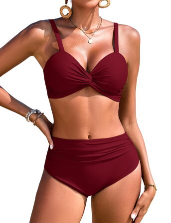 БІКІНІ ЖІНОЧИЙ ДВОШТУЧНИЙ З ВИСОКОЮ ТАЛІЄЮ, ПУШ-АП, З V-ПОДІБНИМ ВИГІНОМ, БУРГУНДІ, M