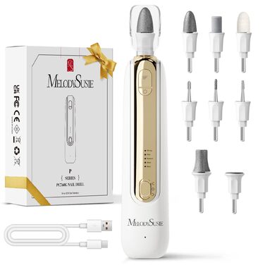 Професійний набір для педикюру MelodySusie PC760G: електричний апаратний фрезер 8 в 1, бездротовий, 5 швидкостей, LED-підсвітка, для догляду за нігтями та стопами (W-gold)