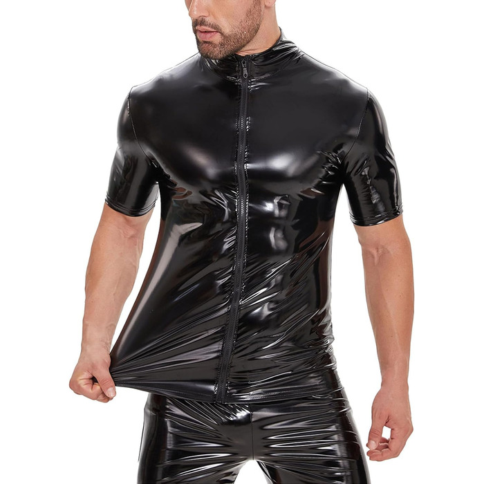 Чоловічі сорочки з екошкіри SDGHH-8MMDM: класичні, блискучі, з ефектом мокрого блиску, м'юслі фіт, короткий рукав, на блискавці, чорні, 3XL