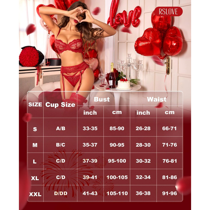 Комплекти спідньої білизни RSLOVE для жінок - сексуальна білизна, комплект бюстгальтера та трусиків, 3 штуки, червоний