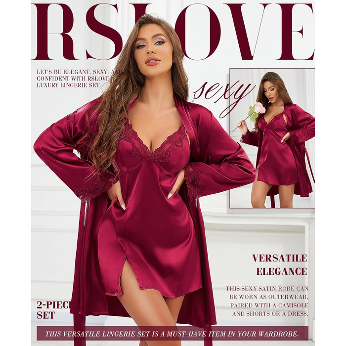 Комплект ніжної піжами RSLOVE Daen Satin з мереживом: халат та трусики (бордовий, L)