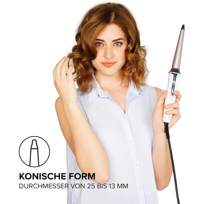 Конічний плойка для волосся Bellissima Iconic Curls з керамічним покриттям, діаметр 13-25 мм, регулювання температури 150-210°C, біла