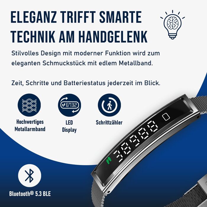 Смарт-годинник Fontastic Smartband Luxis у ювелірному стилі, LED-дисплей, моніторинг пульсу, SpO2 та стресу, трекер сну та крокомір, Bluetooth 5.3, водозахист 1ATM, металевий та силіконовий ремінці (Сірий)