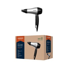 Компактний дорожній фен Grundig HD 2200 Sport & Reise, 1200 Вт, 2 режими температури та потоку повітря, складана ручка, сріблястий/чорний
